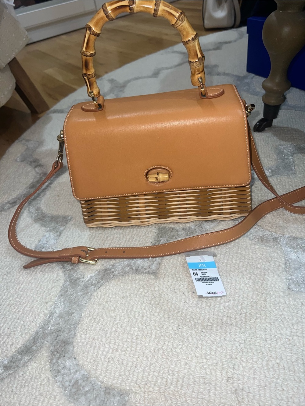 Tan Woven Crossbody Bag with Bamboo Top Handle